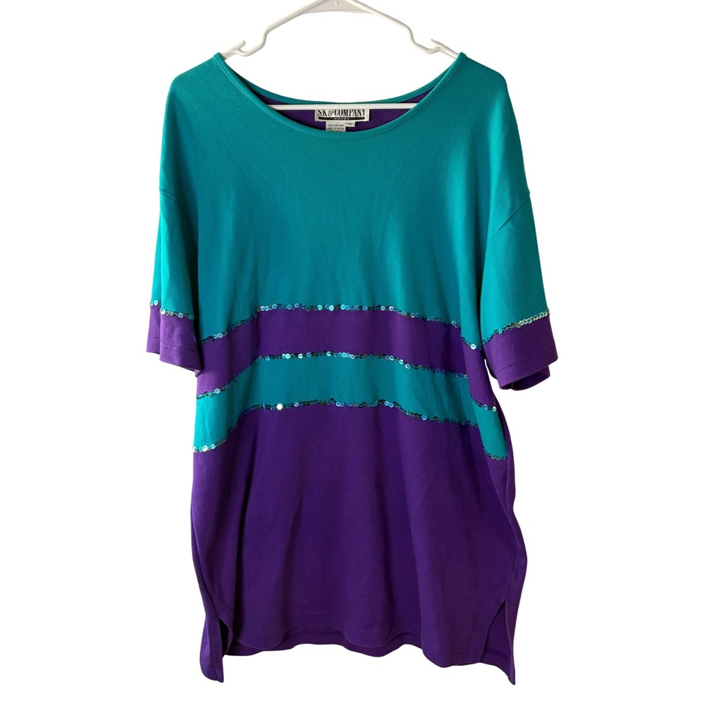SK & Company Vintage Teal Purple Color‎ Block Sequin Cotton Top Plus Size 1X
